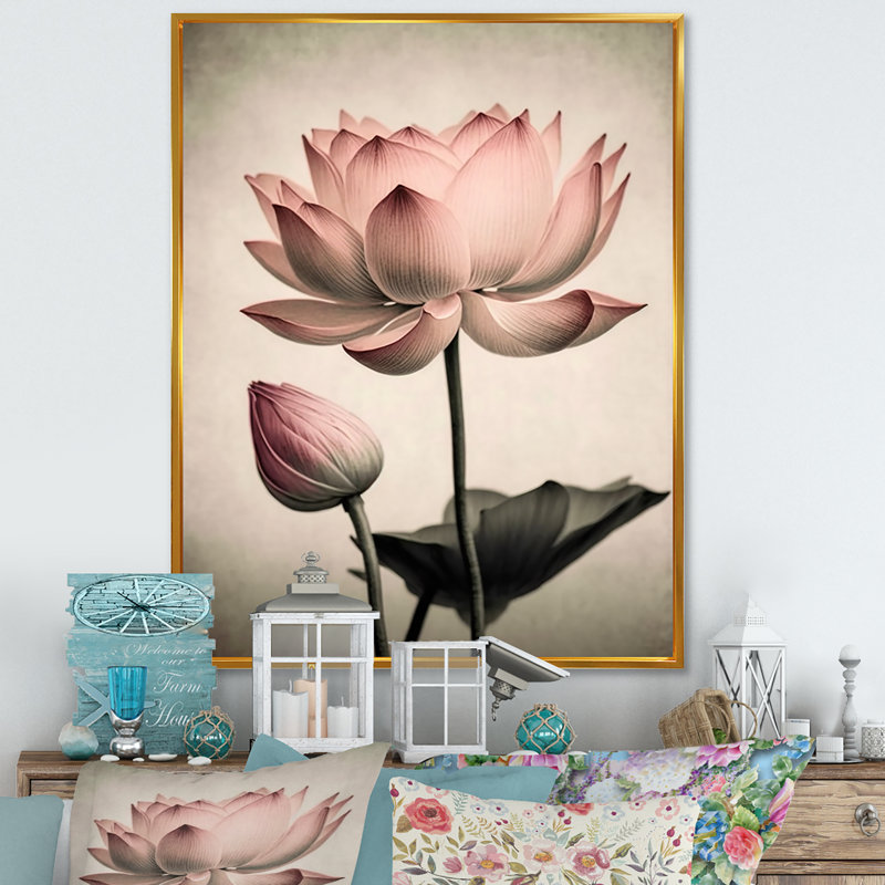 «Blossoming Pink Vintage Lotus IV», impressions sur toile de lotus, H 20 po x l 12 po x P 1 po, Toile avec cadre flottant or