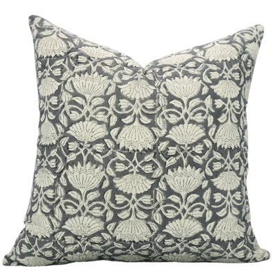 Boho Block Print Pillow Cover Grey Cotton Throw Cushion for Sofa, Bedroom, Couch-20x20 Inch