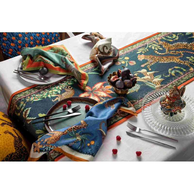 Sabie Handmade Floral Table Runnner, 138" L x 16" W, Blue/White/Cream