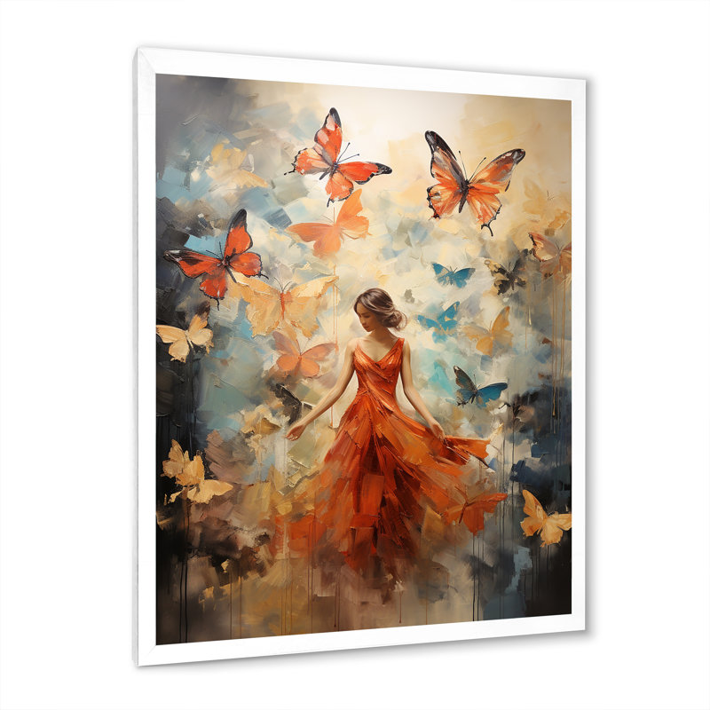 «Butterfly and Woman Dance» - Art mural sur toile, H 32 po x l 16 po x P 1 po, Cadre simple blanc