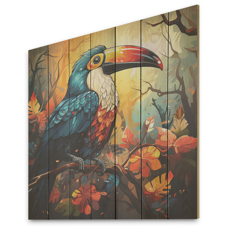 Toucans tropicaux bleus et jaunes II - animal toucan sur bois, H 36 po x l 36 po