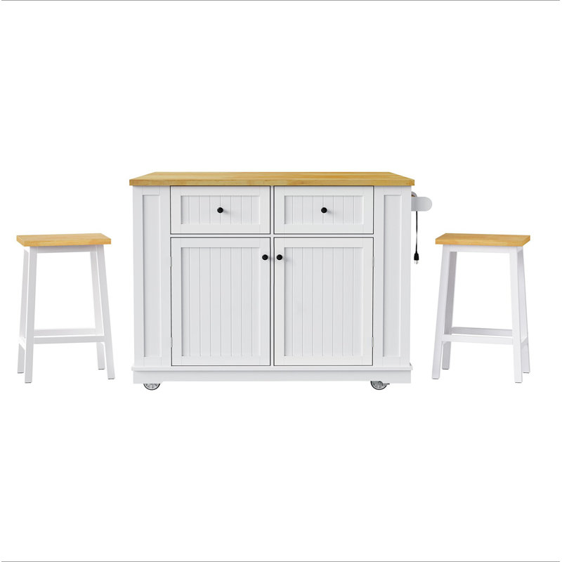 Grand îlot de cuisine de 48 pouces avec 2 tabourets de bar, prise de courant, support de rangement interne pour porte, chariot de rangement de cuisine sur 5 roulettes avec abattant, 5 supports latéraux ouverts, 2 tiroirs, pour la cuisine, la salle à manger