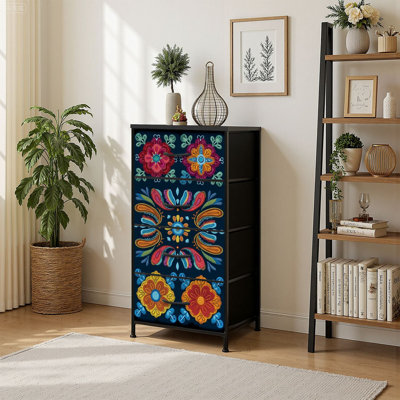 4 Drawer Vertical Storage Dresser decorative floral embroidery ornament for textile with Wood Top Fabric Pull Drawers