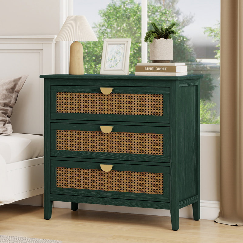 Commode 3 tiroirs avec commode en rotin naturel avec poignées en métal doré convenant au salon