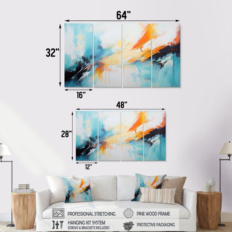 Azur bleu jaune Fusion II - peinture abstraite, art mural 4 pièces, H 28 po x l 48 po