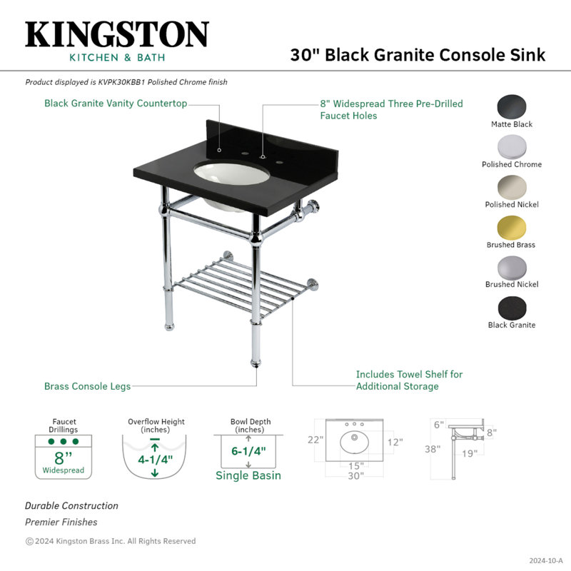 Kingston Brass Templeton 30-Inch Black Granite Console Sink with Brass Legs and Shelf (8-Inch, 3-Hole)