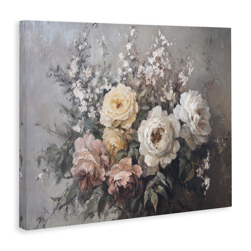  Roses et pivoines sur toile grise par Petal Prints Design, H 16 po x l 20 po