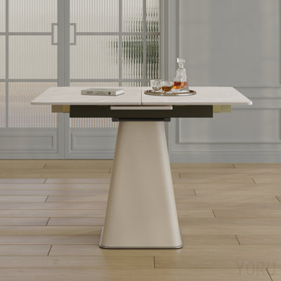 Retractable Rock Slab Folding Dining Table Modern Square Expandable Leather-Wrapped Stainless Steel Base