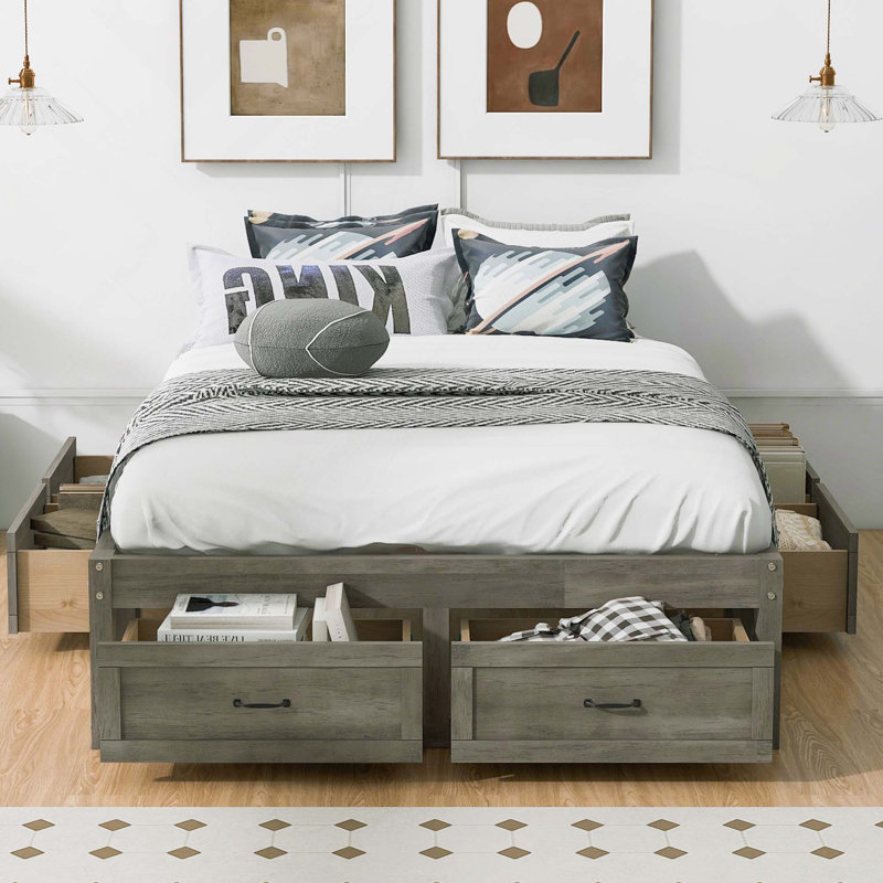 Lit plateforme avec rangement et 6 tiroirs, Gris antique, Lit double