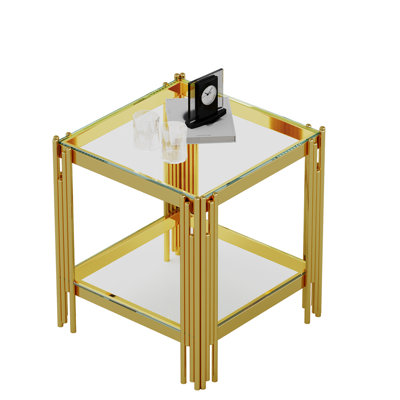 Luxury Square End Table, 20" Glass Sofa Side Table with Stainless Steel Frame and Tempered Glass Top, Cocktail Tea Table, Modern Glass End Table for Home Office