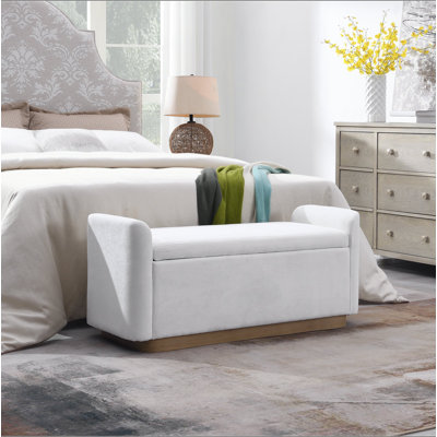 Banc de 49 po avec rangement, banc de repose-pieds avec charnière de sécurité, base en métal doré avec cadre en bois, banc de hall d'entrée rembourré pour chambre à coucher, salon, capacité de poids jusqu'à 350 lb