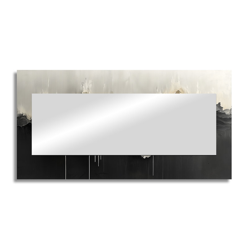 Black White Unbound Horizons Drip Painting II - Abstract Wall Mirror Art - Printed On Metal, 28" x 55"