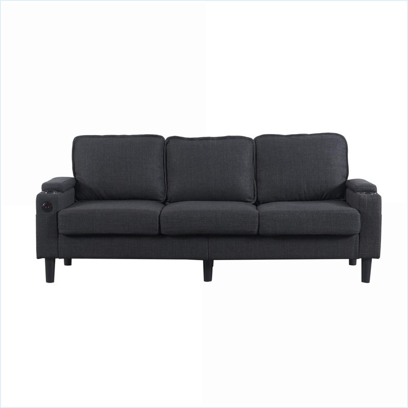 Sectional Sofas Charcoal Gray 3-Seat with Storage Ottoman, USB Ports for Small Spaces | Dark Grey | Wood+Fabric