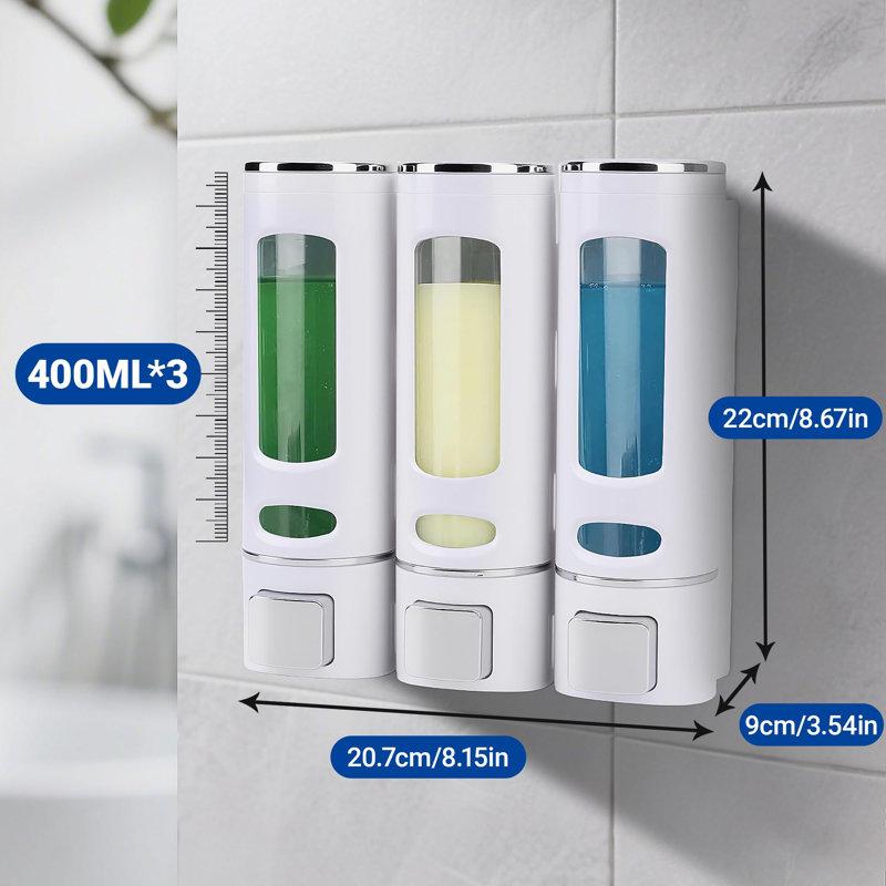 Distributeur de savon de douche mural, distributeur de shampooing et revitalisant 400 ml à 3 chambres (blanc), White
