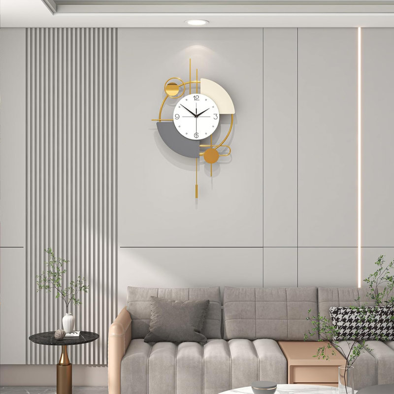 Grande horloge murale silencieuse de 25 pouces, design moderne en métal doré et bois pour le salon, la chambre à coucher ou le bureau