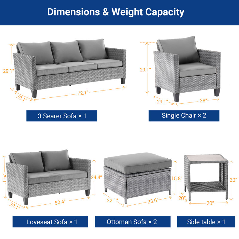 Ensemble de patio 7 pièces en rotin, fauteuil en osier résistant aux intempéries avec coussin amovible et structure robuste