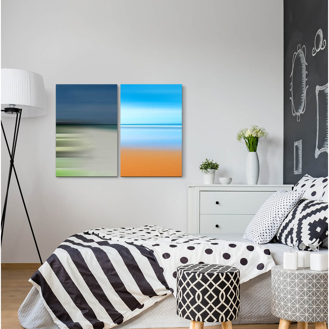 2-tlg. Leinwandbilder-Set - Grafikdruck „Sea View Blue Orange Pastel Shades Horizon Still”