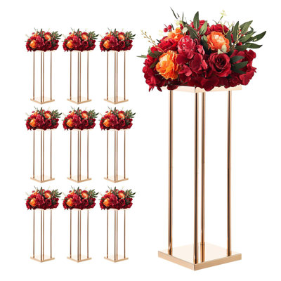 Wedding Flower Stand, 10PCS 23.62-inch Column Flower Stand, Floral Stands with Metal Laminate, Cylindrical Cubic Floral Display Rack for Wedding, Party, Birthday, Home, French Gold Stands