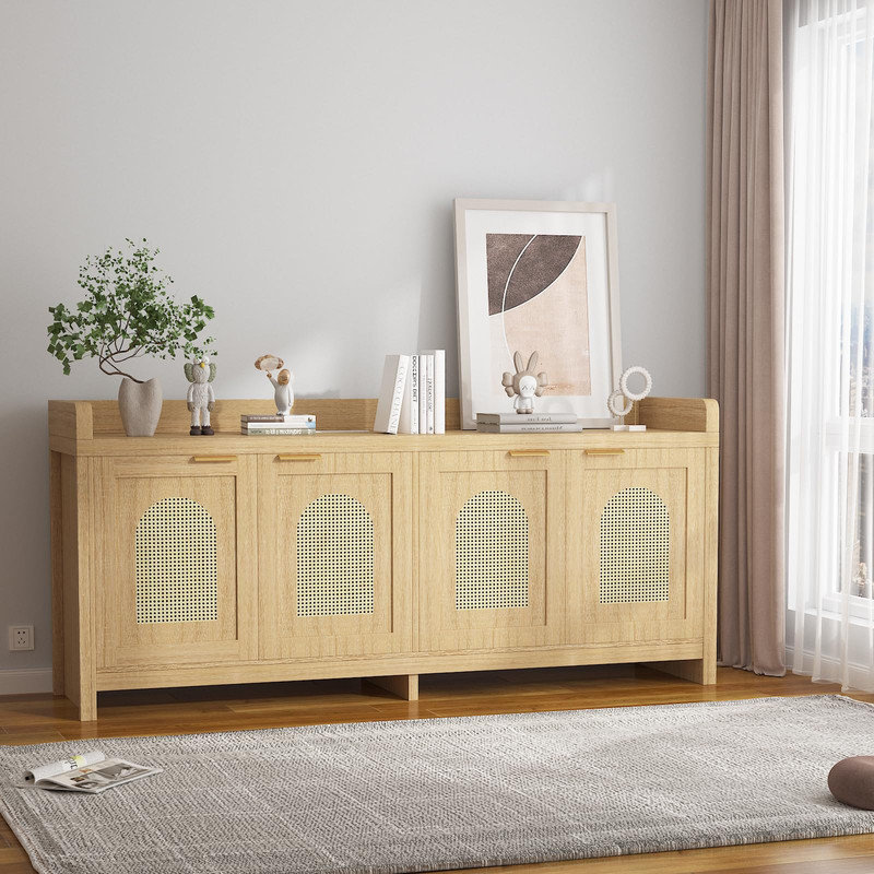 Meuble télé en rotin de 156 cm (61,5 po) pour téléviseur de 165 cm (65 po), meuble de rangement moderne avec étagères en verre et système de gestion des câbles, style campagnard.