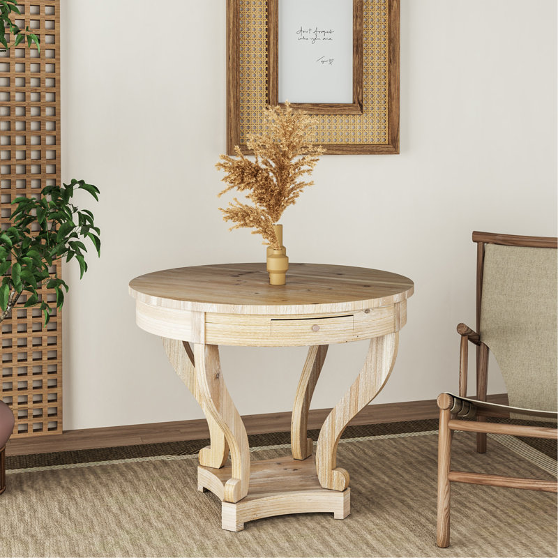 Wanetta 27.16'' tall 2 - Drawer End Table,Curved Legs Farmhouse Style Small Size Round Dining Table End Table Side Table Coffee Table for Dinette, Kitchen, Dining Room or Living Room, Natural Wood Grain Distressed 