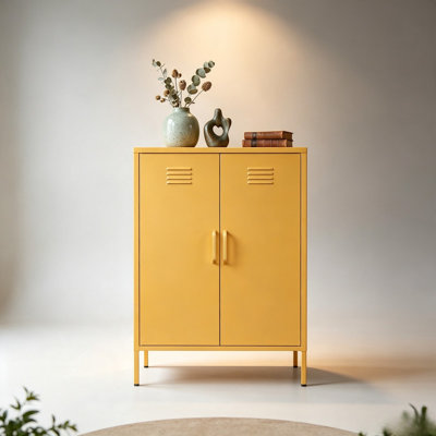 Armoire de rangement décorative en métal 2 portes, tablettes réglables et pieds réglables, buffet en acier pour le salon, le vestibule et le bureau personnel