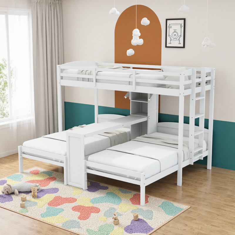 Lit superposé avec bureau intégré et tablettes de rangement, 3 lits en 1 avec lampe de lecture, White
