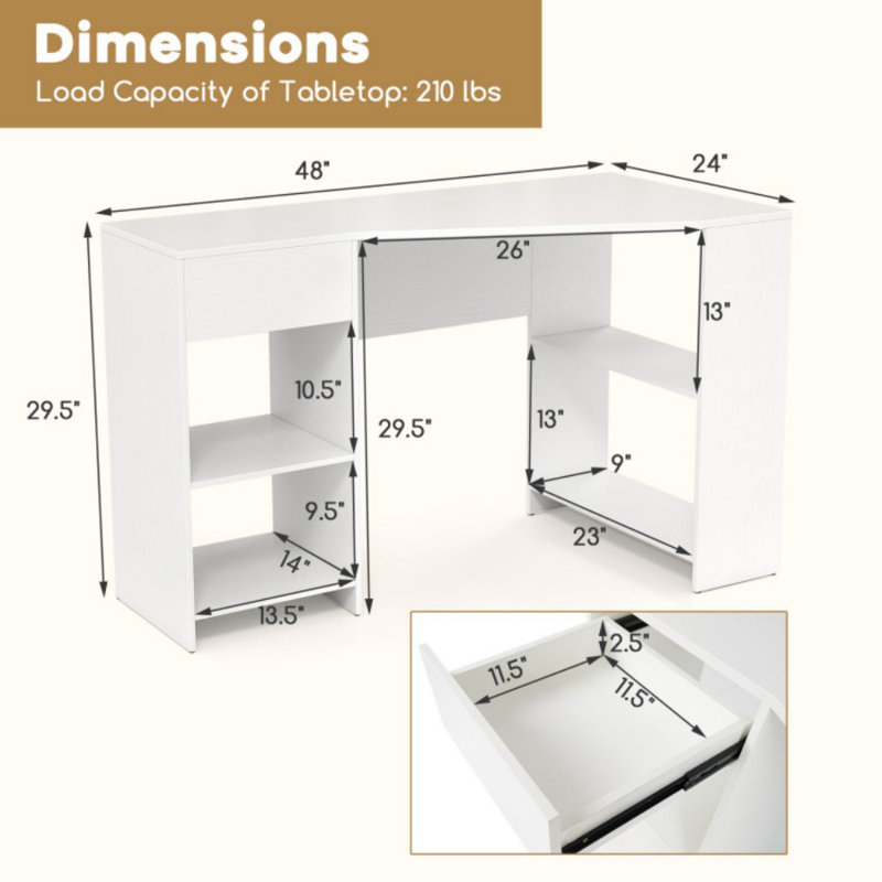 48 Inches L Shaped Corner Executive Computer Desk With Drawer