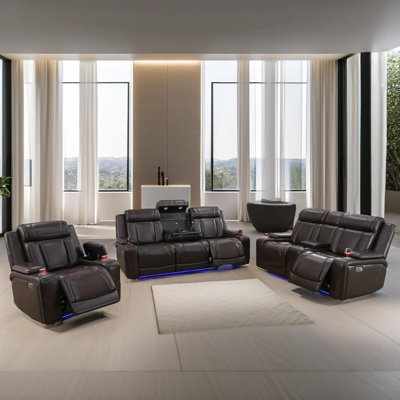 Velora 3-Piece Intelligent Power Reclining Sofa Set With LED Lights, USB Charging, Storage Console & Cup Holders,Dark Brown Semi-PU Leather