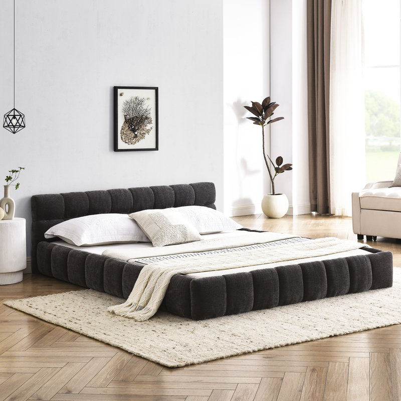 Lit chenille en tissu, grand lit, gris foncé, cadre solide, aucun sommier requis, Gris foncé