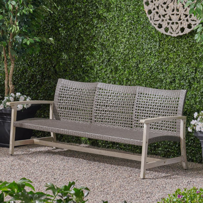 Outdoor Acacia Wood Wicker 3 Seater Sofa, Patio Furniture Conversation Set For Backyard