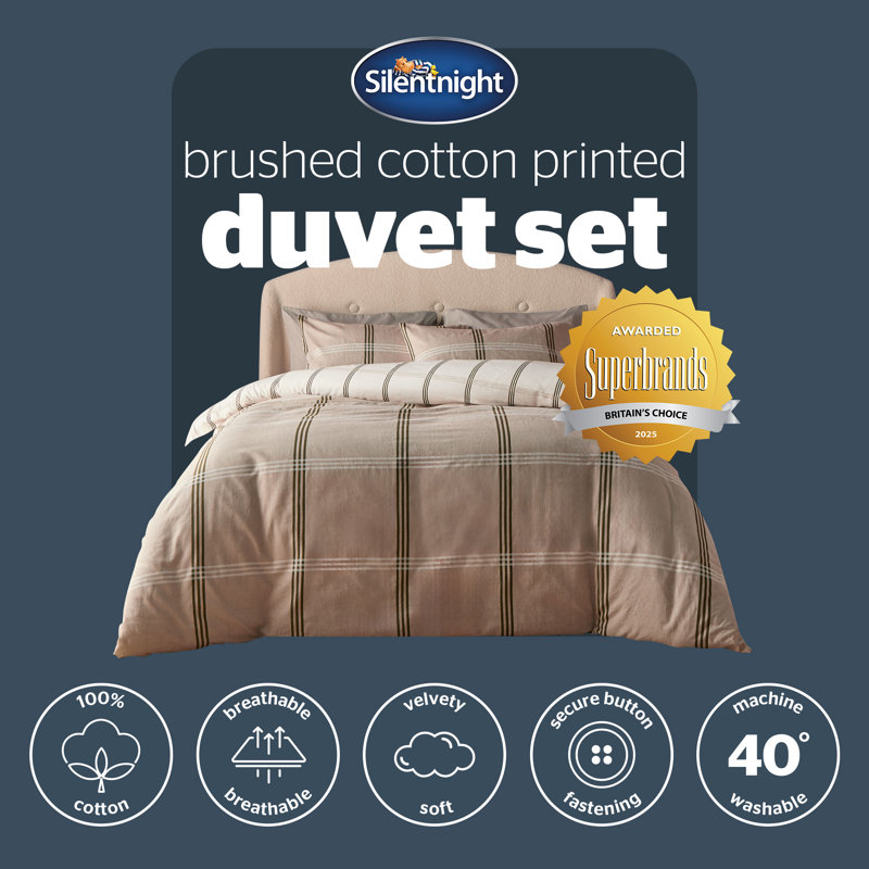 Silentnight Brushed Cotton Duvet Set Natural Check, King Duvet Cover Set + 2 Standard Pillowcases