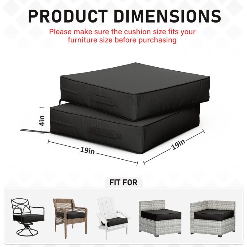 Coussins de siège d'extérieur (ensemble de 2), Noir, 4 pouces, L 19 po x P 19 po