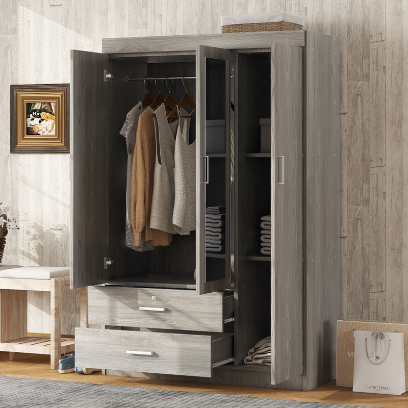 Armoire-penderie à 3 portes avec tablettes, Gris