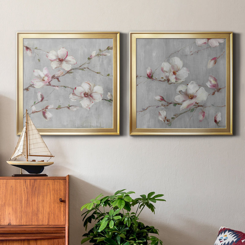 Magnolia Spring I - 2 pièces, peinture sur toile encadrée, Cadre doré, H 17,5 po x l 35 po x P 1,5 po