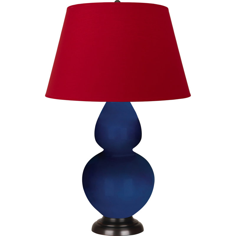 Lampe de table double gourde en céramique, Cobalt émaillé / bronze, Blanc cassé, Bronze