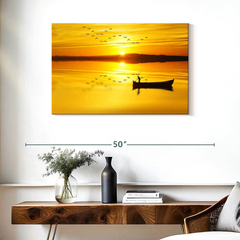 Silhouette de bateau de pêche Senne au lever du soleil, H 24 po x l 36 po