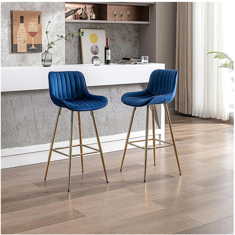 30-inch 2-piece bar stool set, chrome footrest velvet fabric bar stool, gold legs simple tall bar stool, blue, Navy
