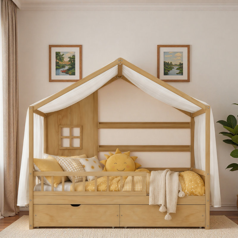 Lit pour enfant avec toit, rideaux, 2 tiroirs de rangement et 2 tablettes de rangement Montessori, Lit double, Naturel