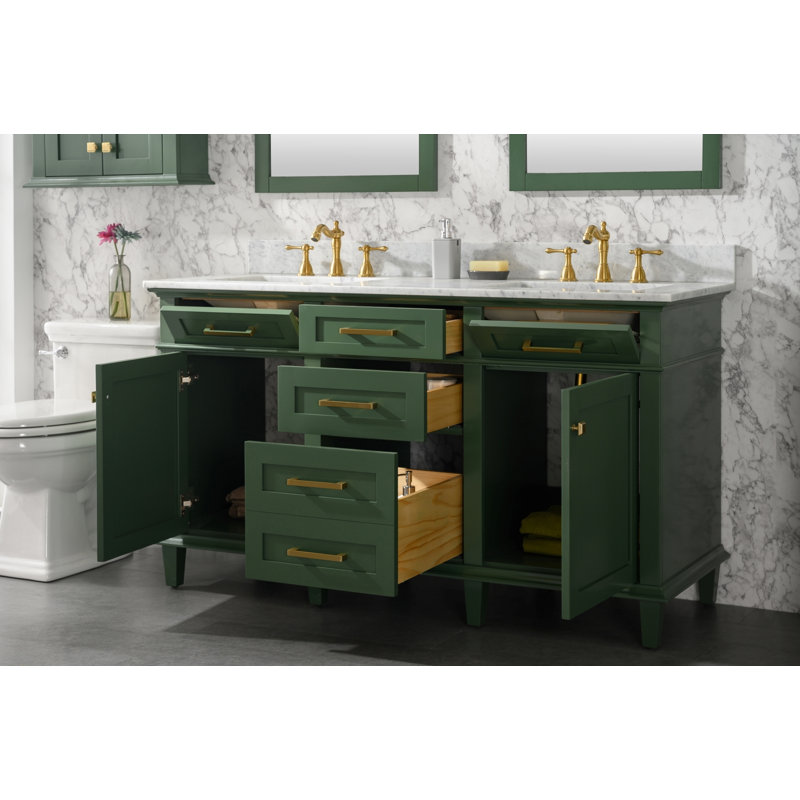 Malcom 60'' Double Bathroom Vanity with Marble Top, Vogue Green