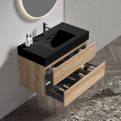 36' Bathroom Vanity With Oak  Engineered Quartz Sink And Soft Black Drawers, Wall Mounted Floating Bathroom Vanity For Modern Bathroom, One-Piece Matt Black Basin, KD