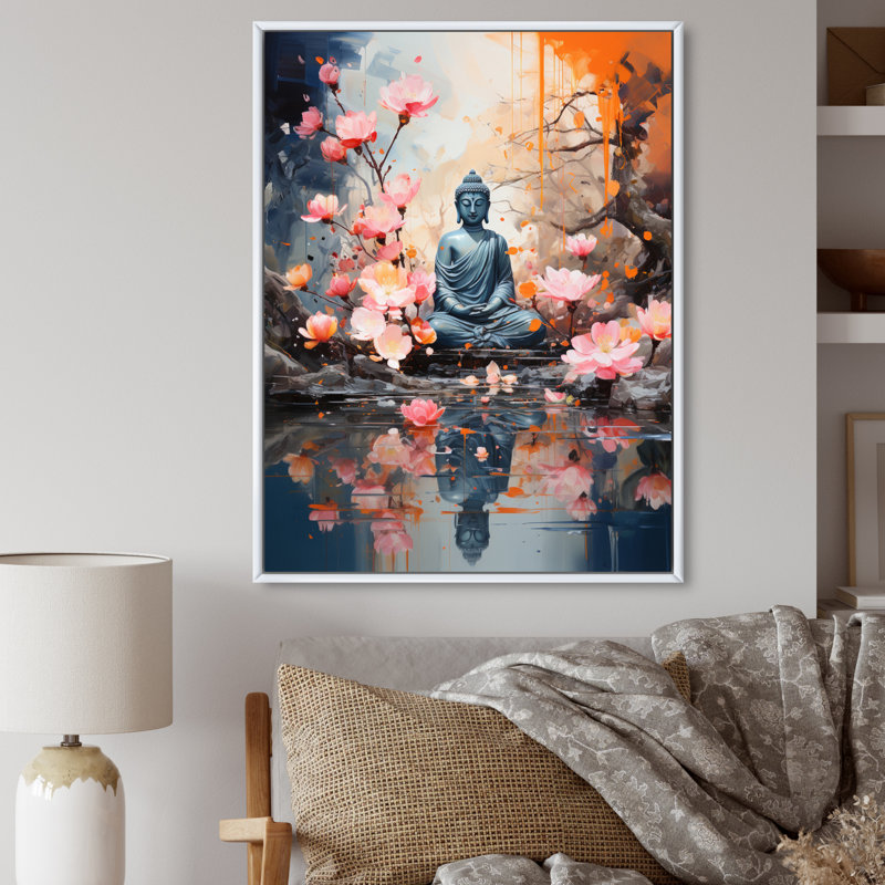 Floral Buddha In Meditation I sur impression sur toile, H 44 po x l 34 po x P 1,5 po, Cadre flottant blanc