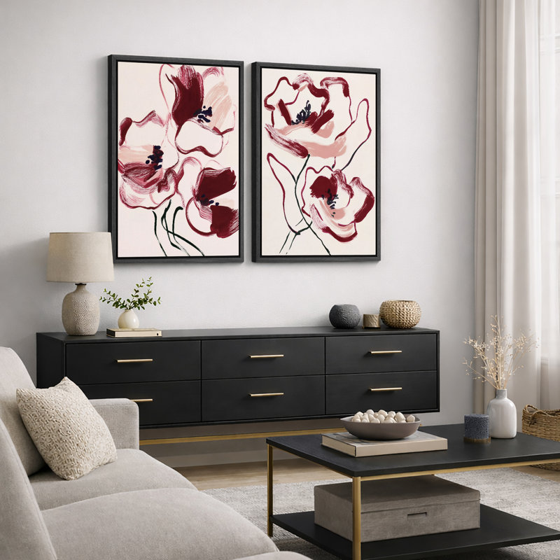 Art floral rouge, images de salon, impression sur toile encadrée, 2 pièces, H 36 po x l 48 po x P 1,5 po, Cadre noir