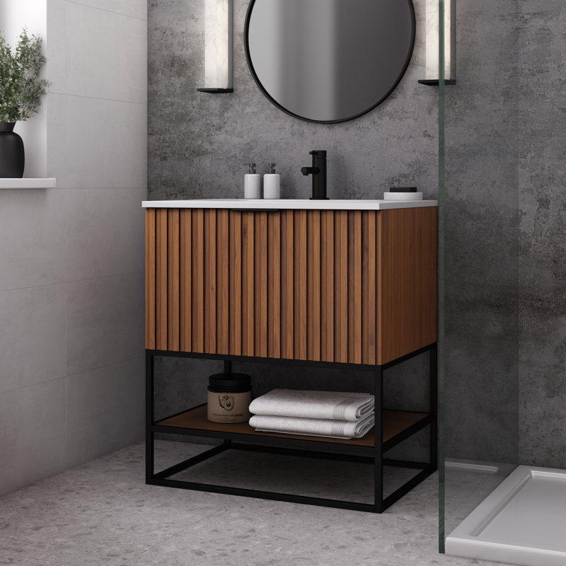 Terra 30'' W Single Vanity, Matte Black, White Quartz/Single Faucet Mount, Walnut
