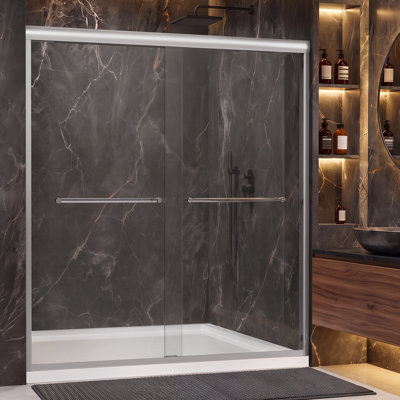 62" - 66" W X 72" H Double Sliding Frameless Shower Door With Shower Glass And Two Towel Bar,Premium 1/4" (6mm) Thick Tempered Glass,Black