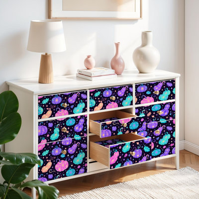 Papier peint auto-adhésif fantaisiste à motif de citrouille pastel et étoiles foncées auto-adhésives et amovibles 17,7 po x 118 po (45 x 300 cm)
