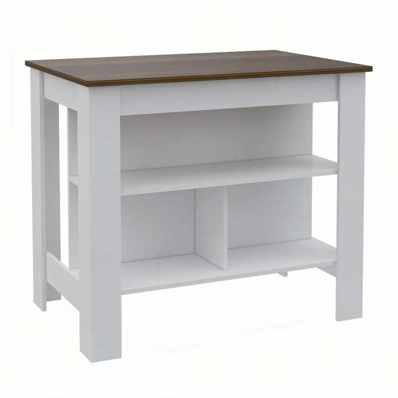  Table pour îlot de cuisine avec tablettes de rangement ouvertes et poste de travail Brooklyn, Blanc, Noyer