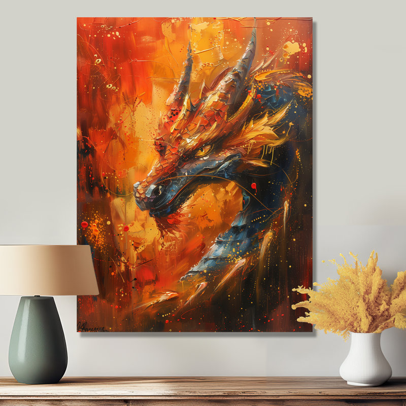  «Orange, jaune, braises, dragon I - Dragons», reproduction d'art murale, Métal métal, H 32 po x l 24 po x P 1 po