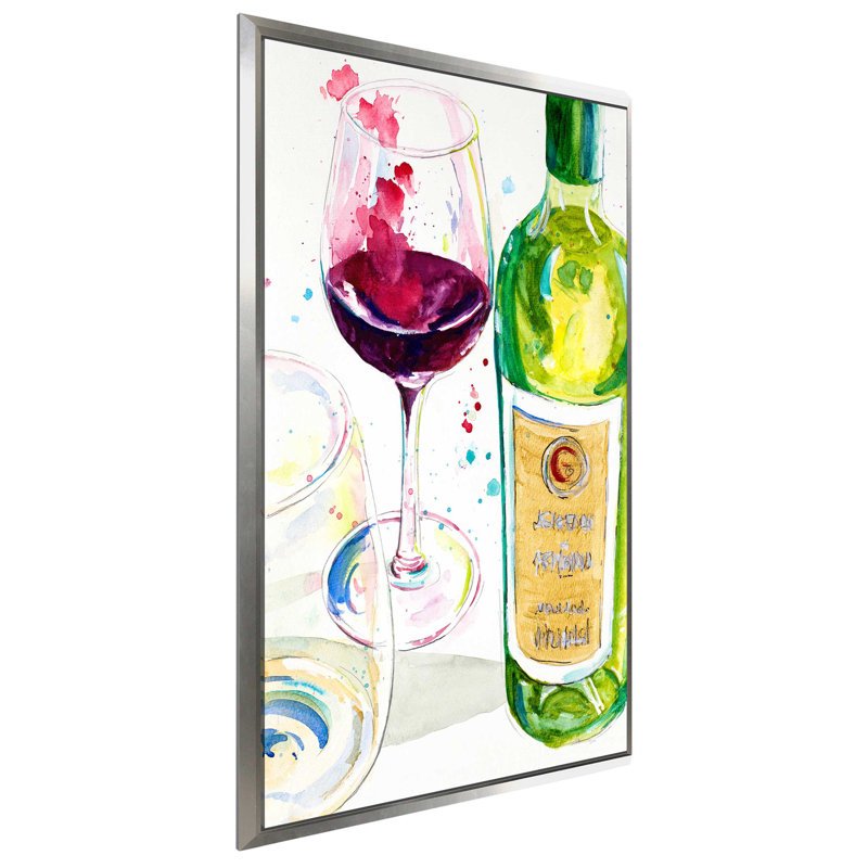 «Red and White Wine II», reproduction de peinture à l'aquarelle, H 33,5 po x l 21,5 po x P 2 po, Cadre flottant argent