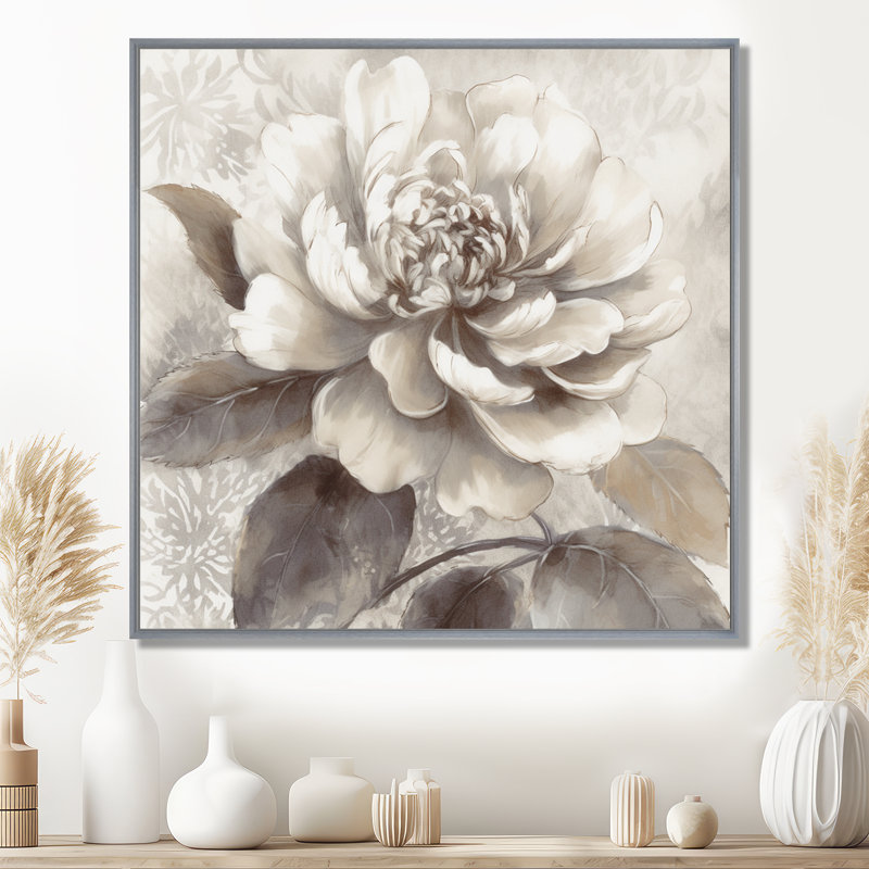 Pivoines grises sur branche II - art mural encadré de pivoines florales pour le salon, H 16 po x l 16 po x P 1 po