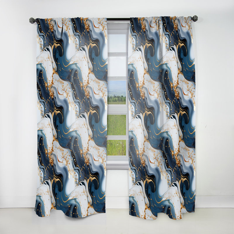 Gold Veins And Blue Marble Pattern II - Glam Curtain - Velvet Room Darkening - 1 Panel, 52" W x 63" L